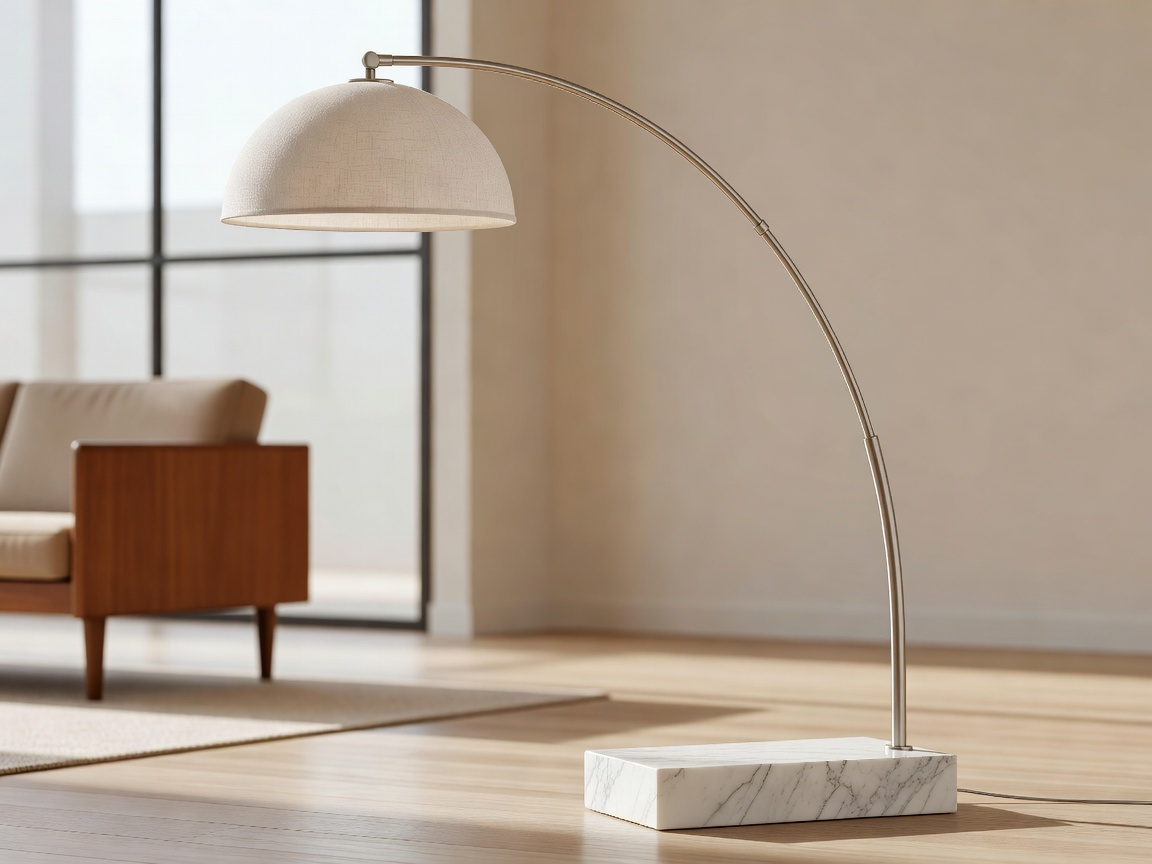 Arco lamp sculptural marble base and suspended curved metallic arm