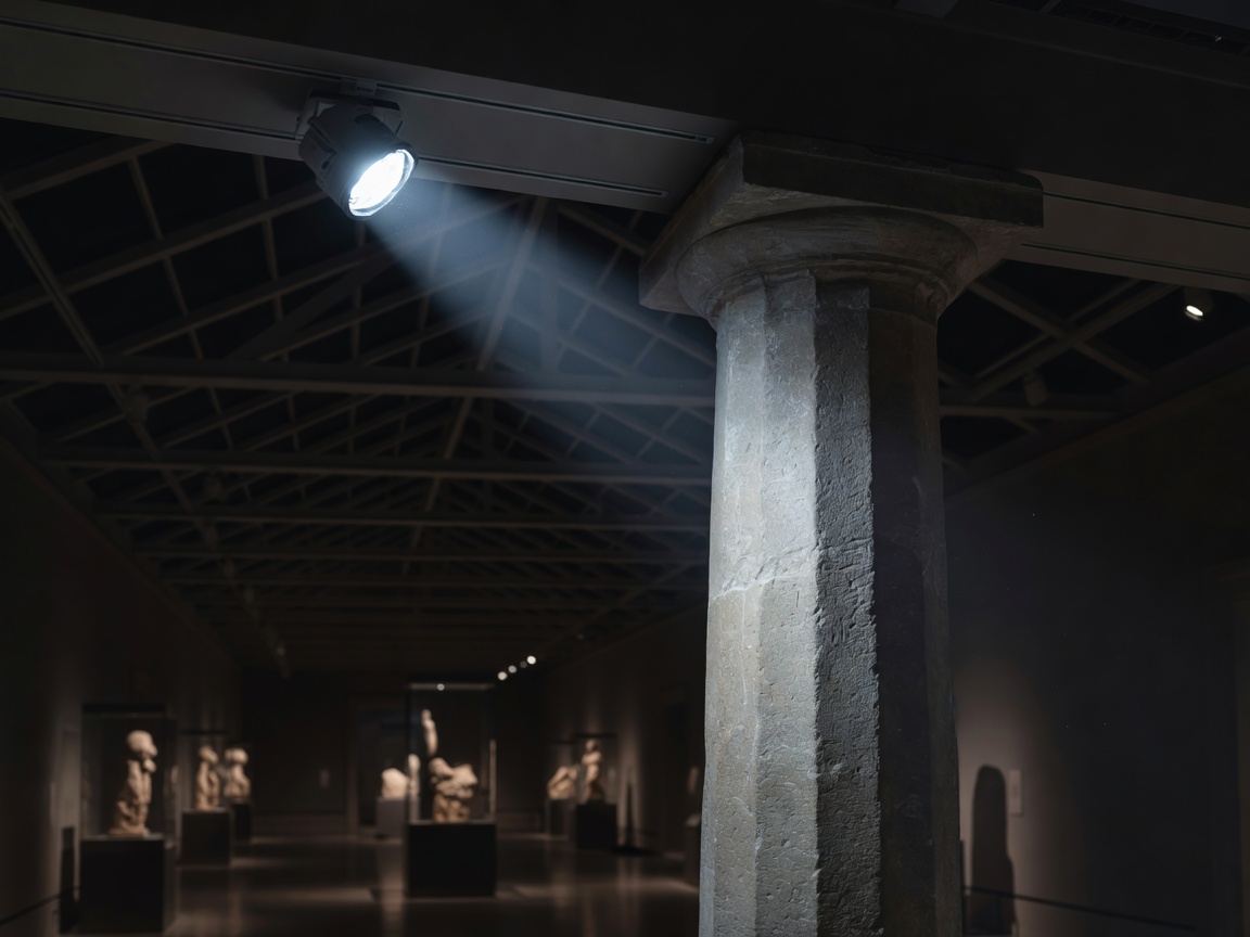 Precision architectural museum spotlight projector casting controlled beam